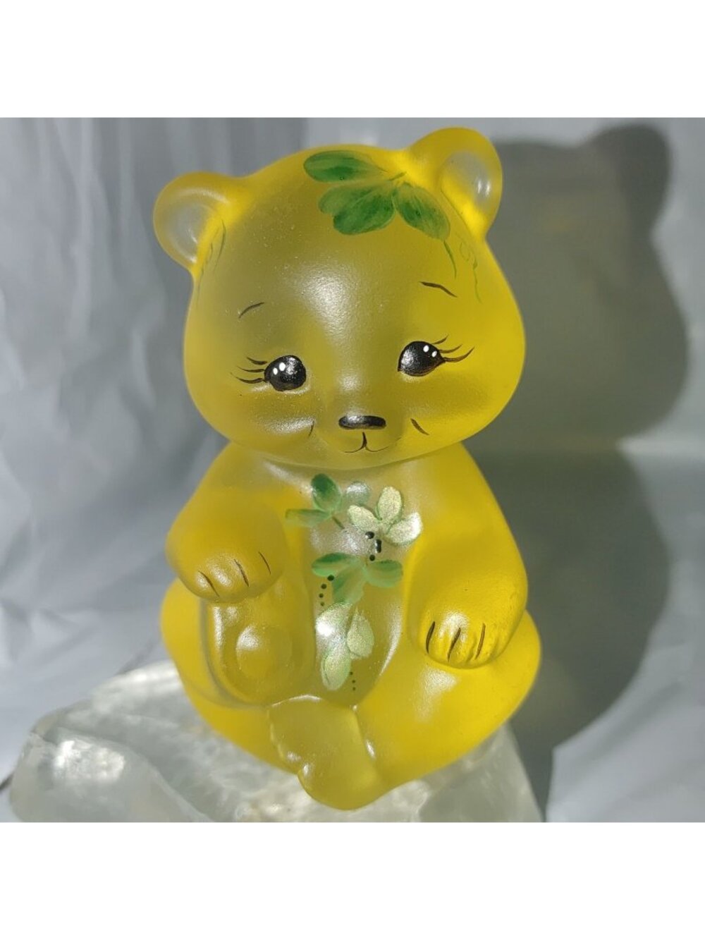 Fenton Art Glass HP Yellow Bear Figurine Floral Accents Sign Artist USA Handmade
